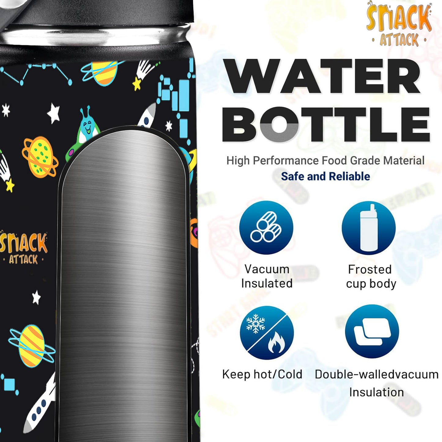 Snack Attack Kids Insulated Water Bottle-12oz (Black Astro)