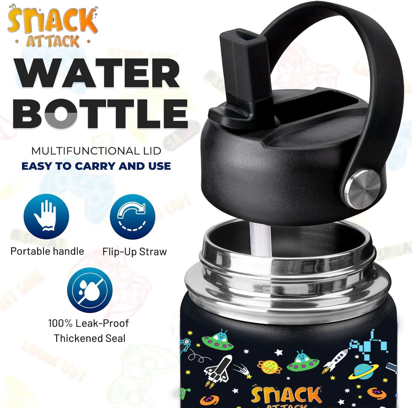 Snack Attack Kids Insulated Water Bottle-12oz (Black Astro)