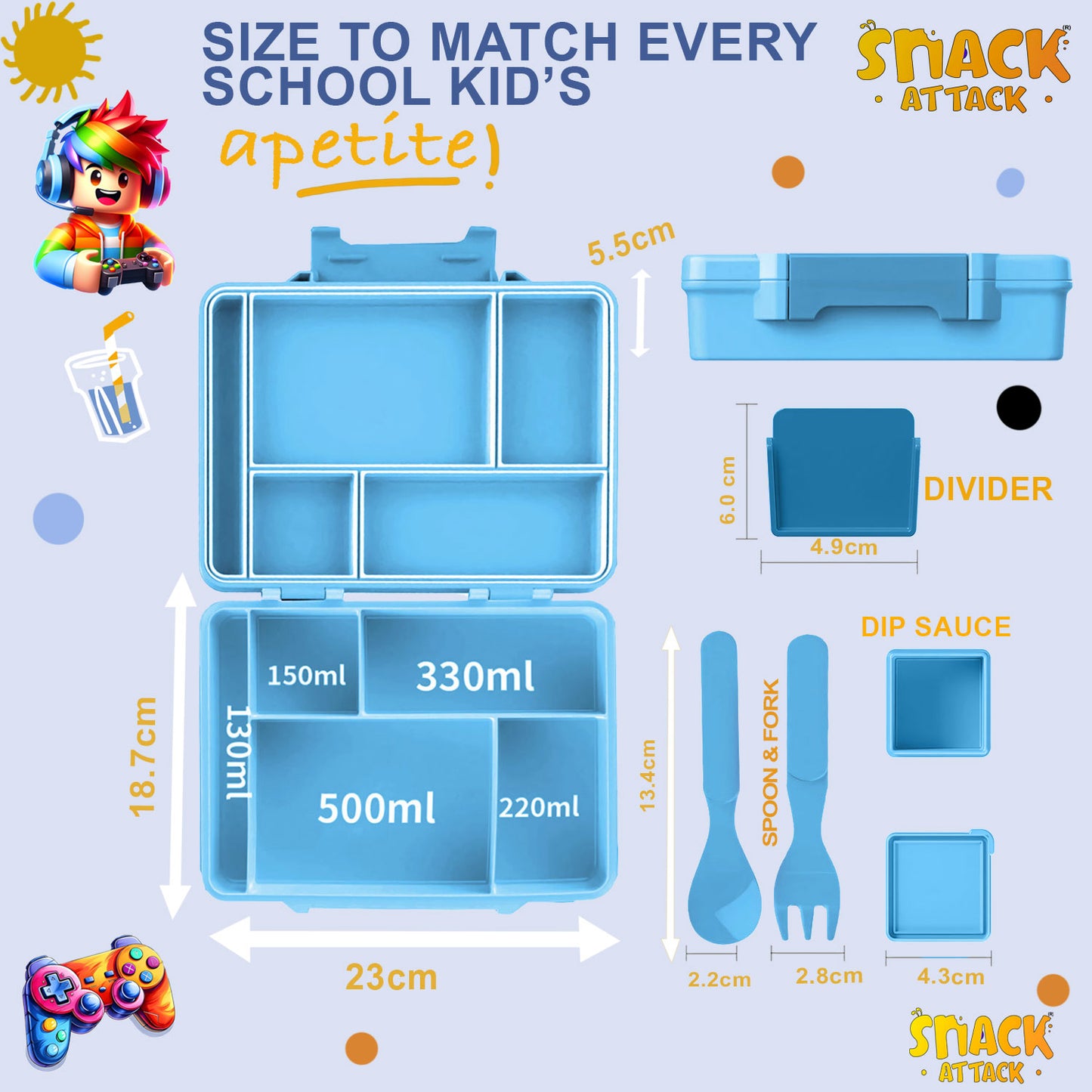 Snack Attack Light Blue Gamer Boy Bento Lunch Box – 5 Compartments