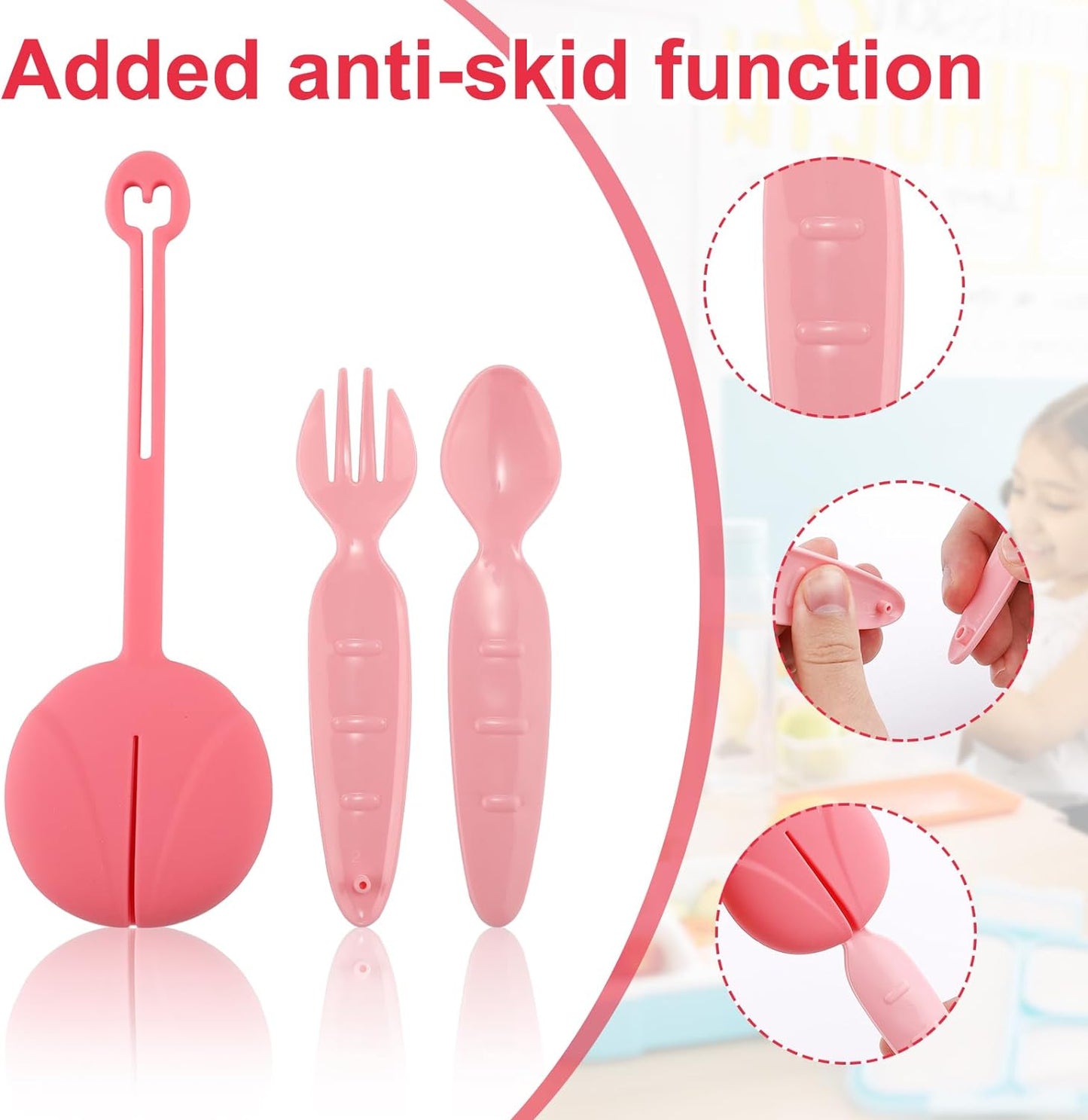 Snack Attack Kids Spoon & Fork Set with Silicone Pouch (Pink)
