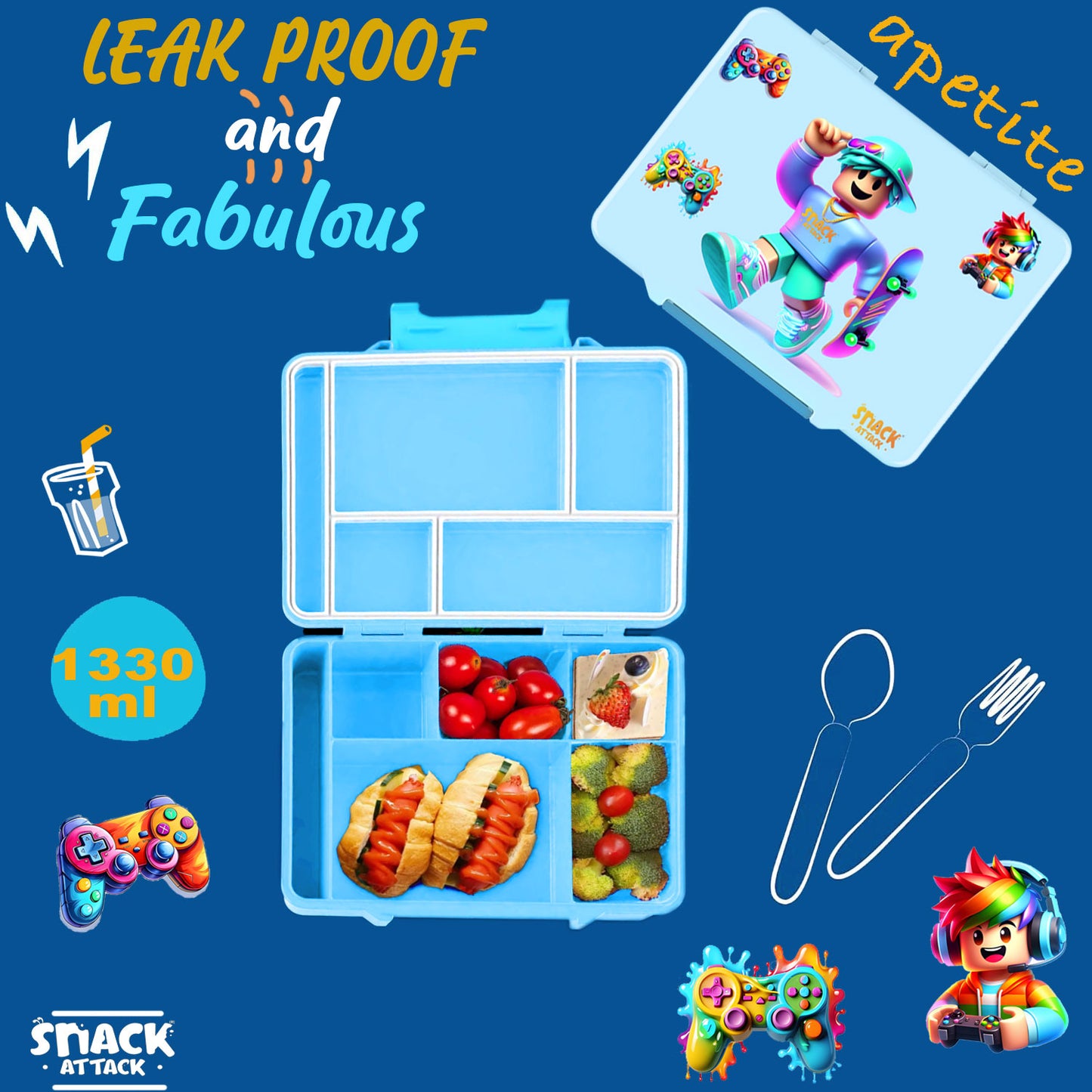 Snack Attack Light Blue Gamer Boy Bento Lunch Box – 5 Compartments