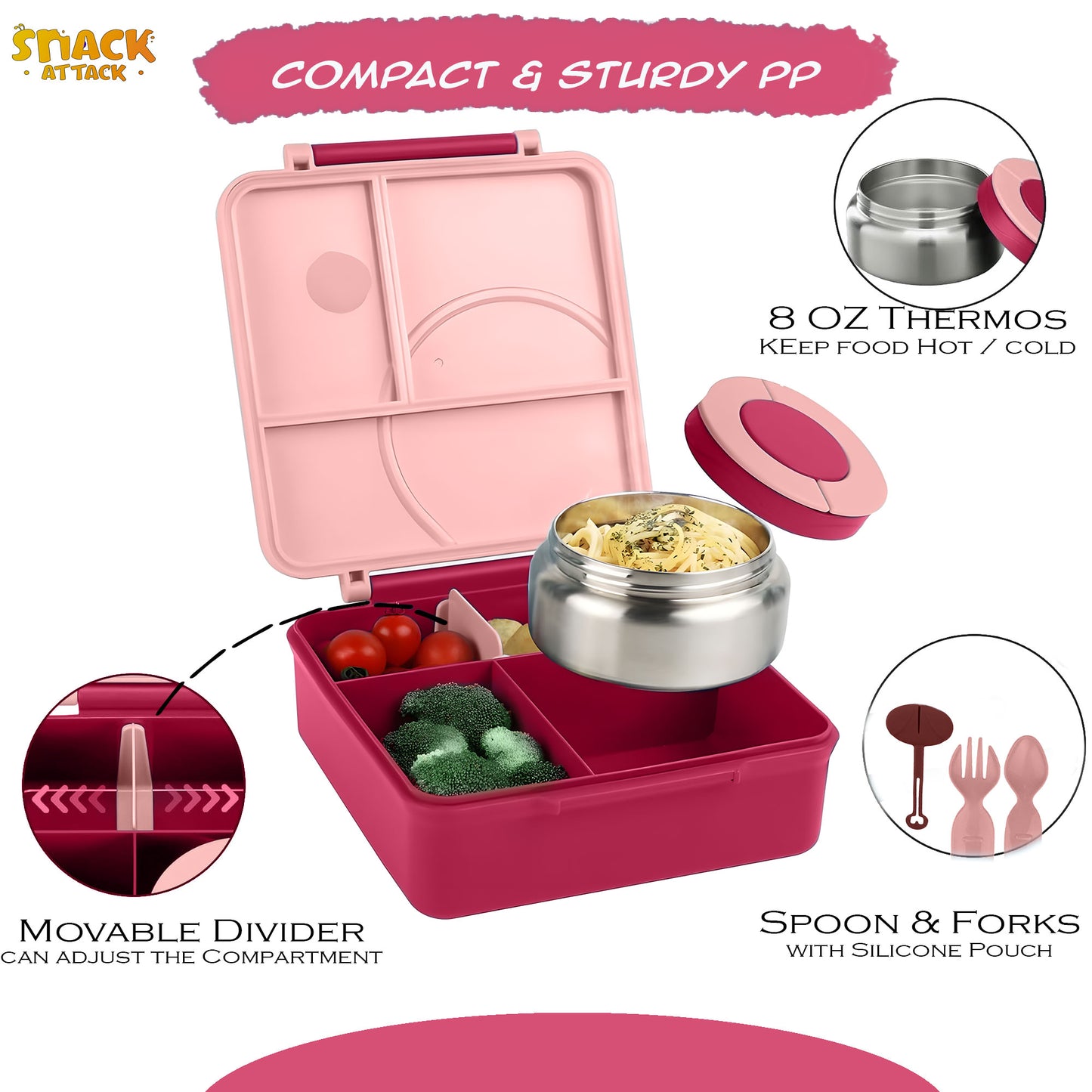 SA Bento Lunch Box for Kids school with 9.7oz Soup thermos Pink Unicorn)