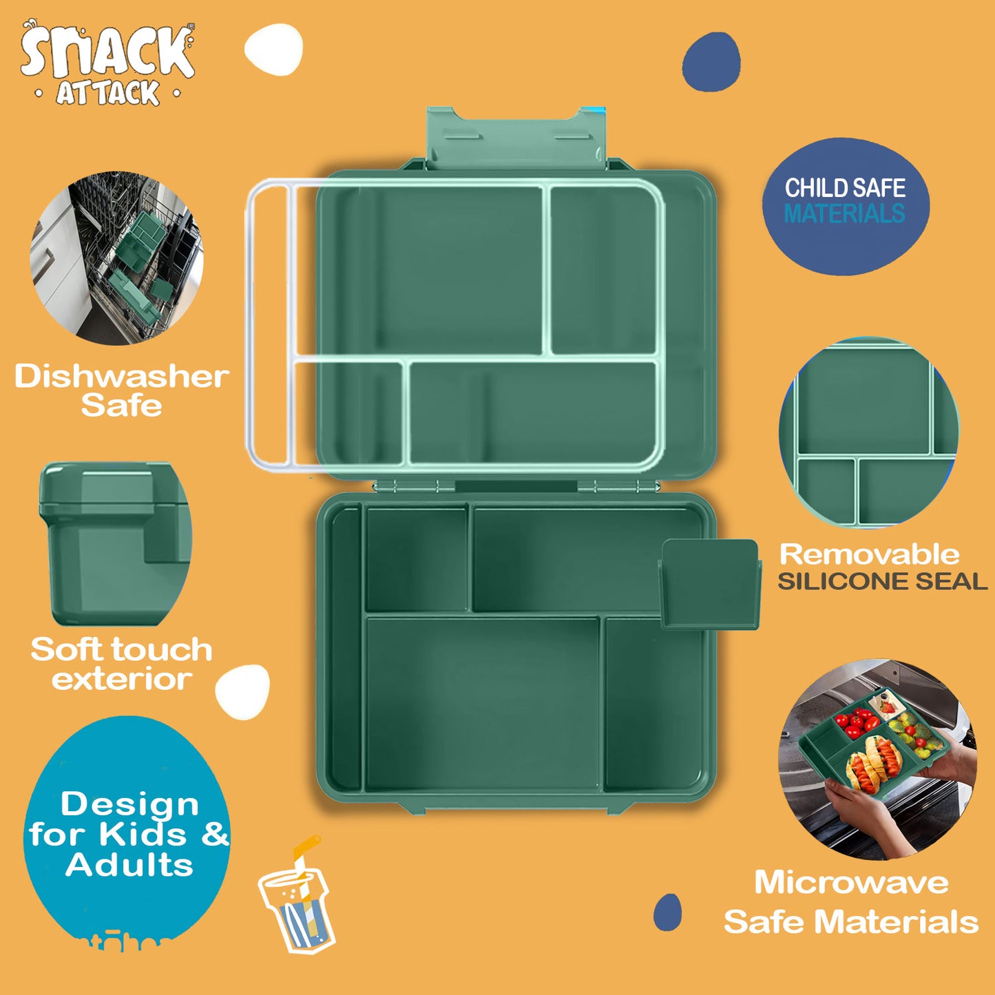 Snack Attack Green Soccer Bento Lunch Box – 5 Compartments