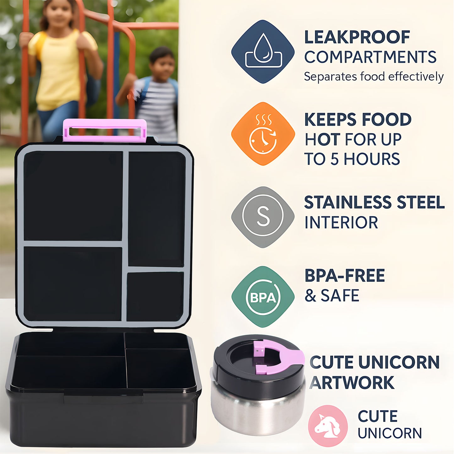 SA Bento Lunch Box for Kids school with 9.7oz Soup thermos Jar Black Mermaid)
