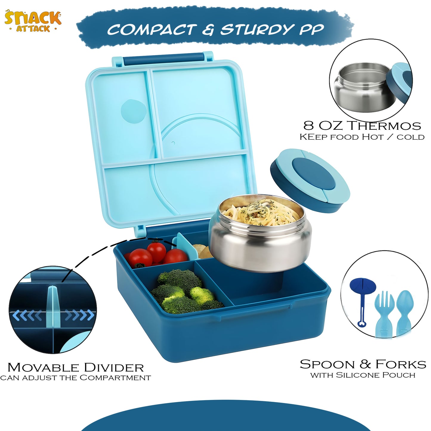SA Bento Lunch Box for Kids school with 9.7oz Soup thermos Jar Blue Astro)