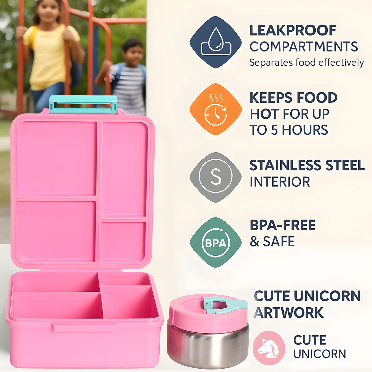 SA Bento Lunch Box for Kids school with 9.7oz Soup thermos Jar Pink Unicorn Solo)