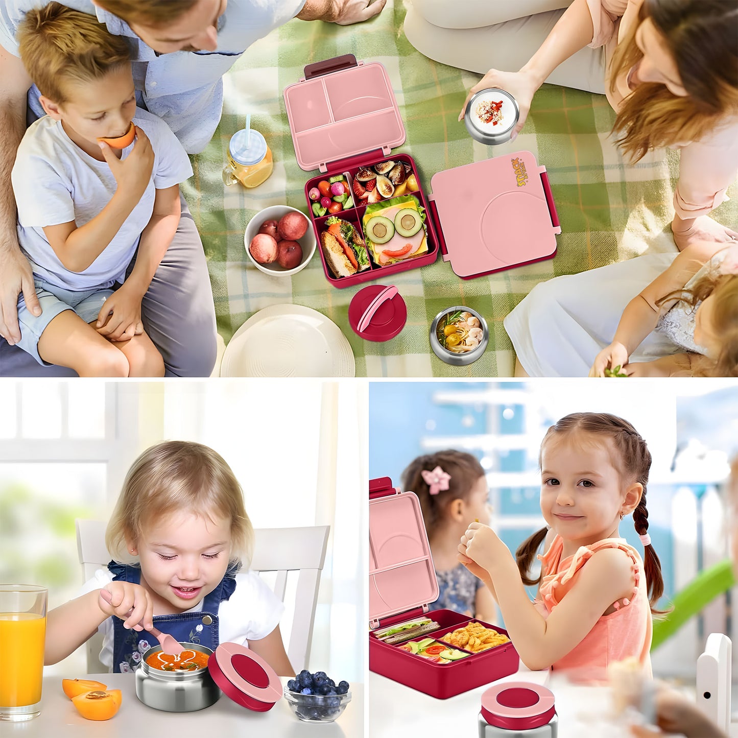 SA Bento Lunch Box for Kids school with 9.7oz Soup thermos Pink plain)