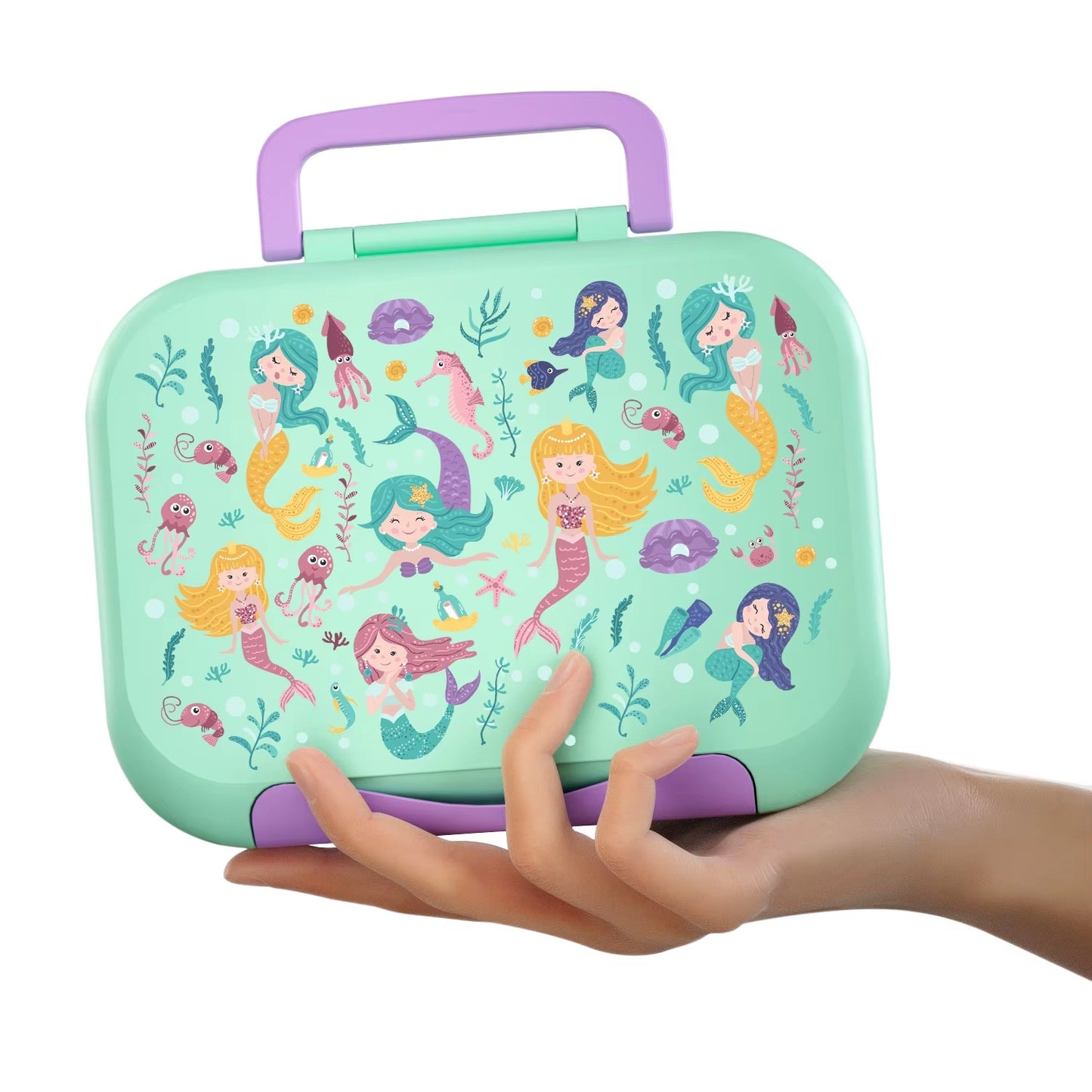 Snack Attack Bento Box, Mermaid Theme, Leakproof, Convertible,3to 10 Years,22.6x17.6x7cm,810ml- Aqua