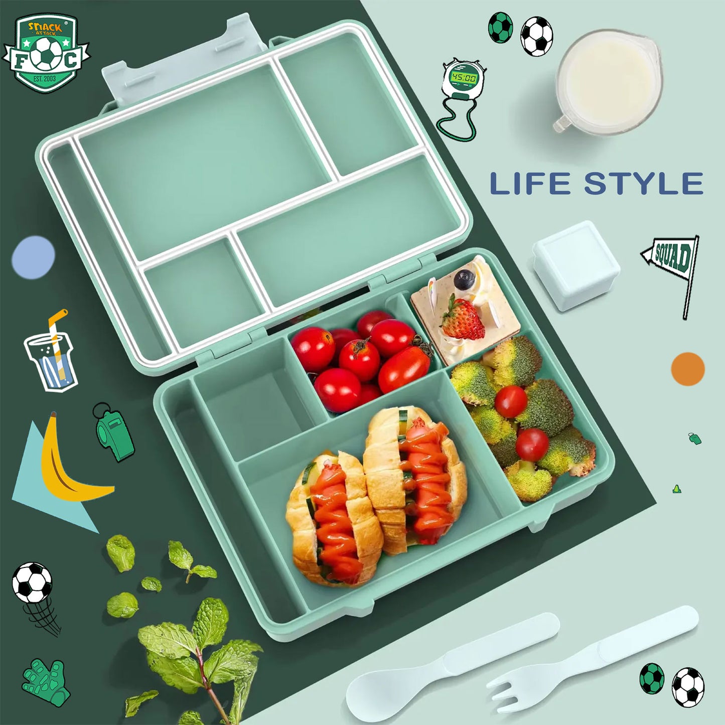 Snack Attack Green Soccer Bento Lunch Box – 5 Compartments
