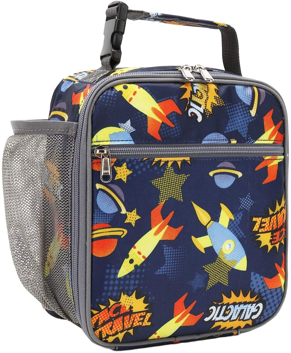 Lunch Bag for Kids, Space Rocket Insulated Blue Lunch Bag & Side Mesh –