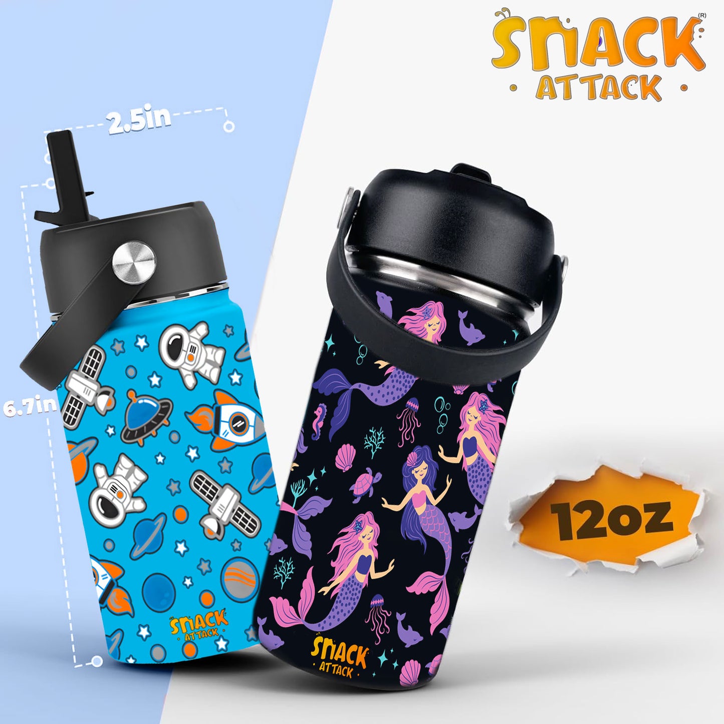 Snack Attack Kids Insulated Water Bottle-12oz Light Blue Space Astronaut 350ml