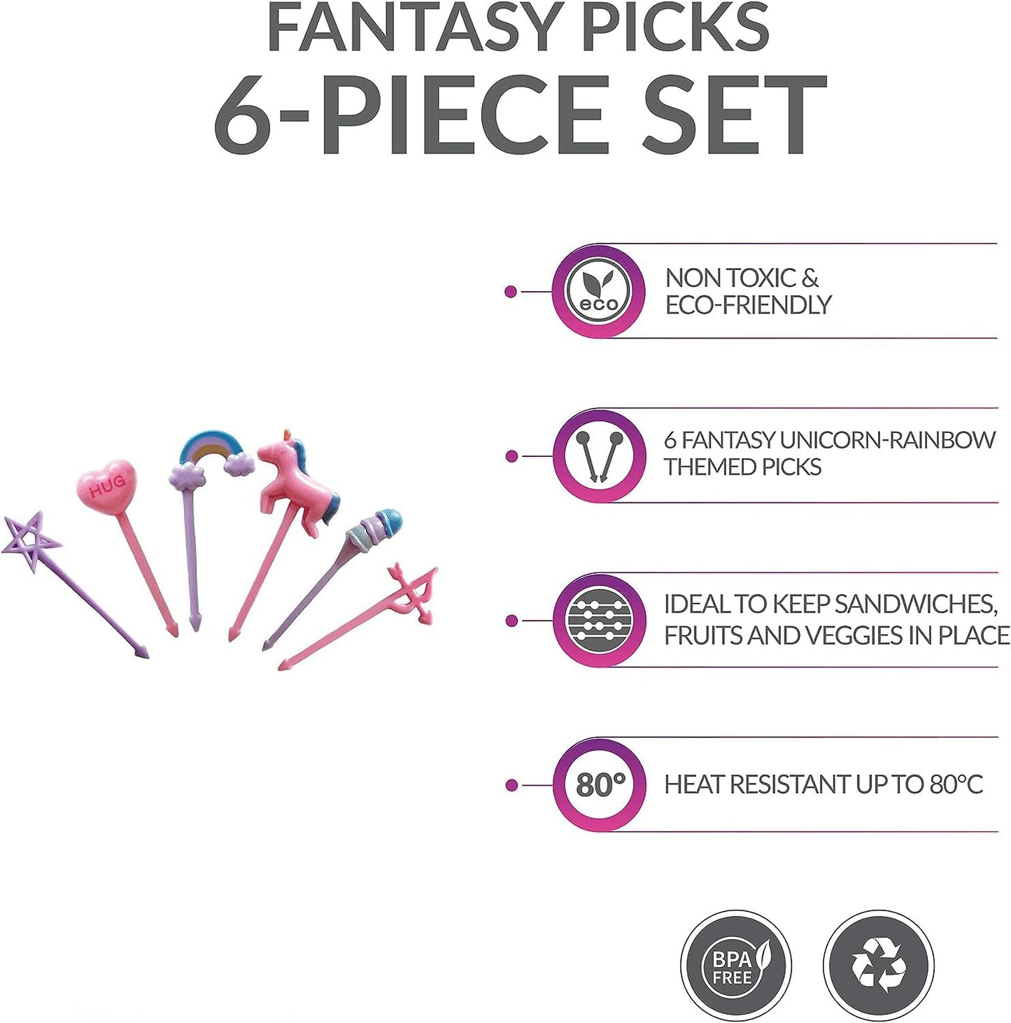 6 Pcs Unicorn Food Picks – Cute Reusable Bento Toothpicks