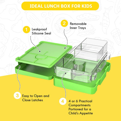 Lunch Box for Kids – 4/6 Compartments Green Dino in Egg