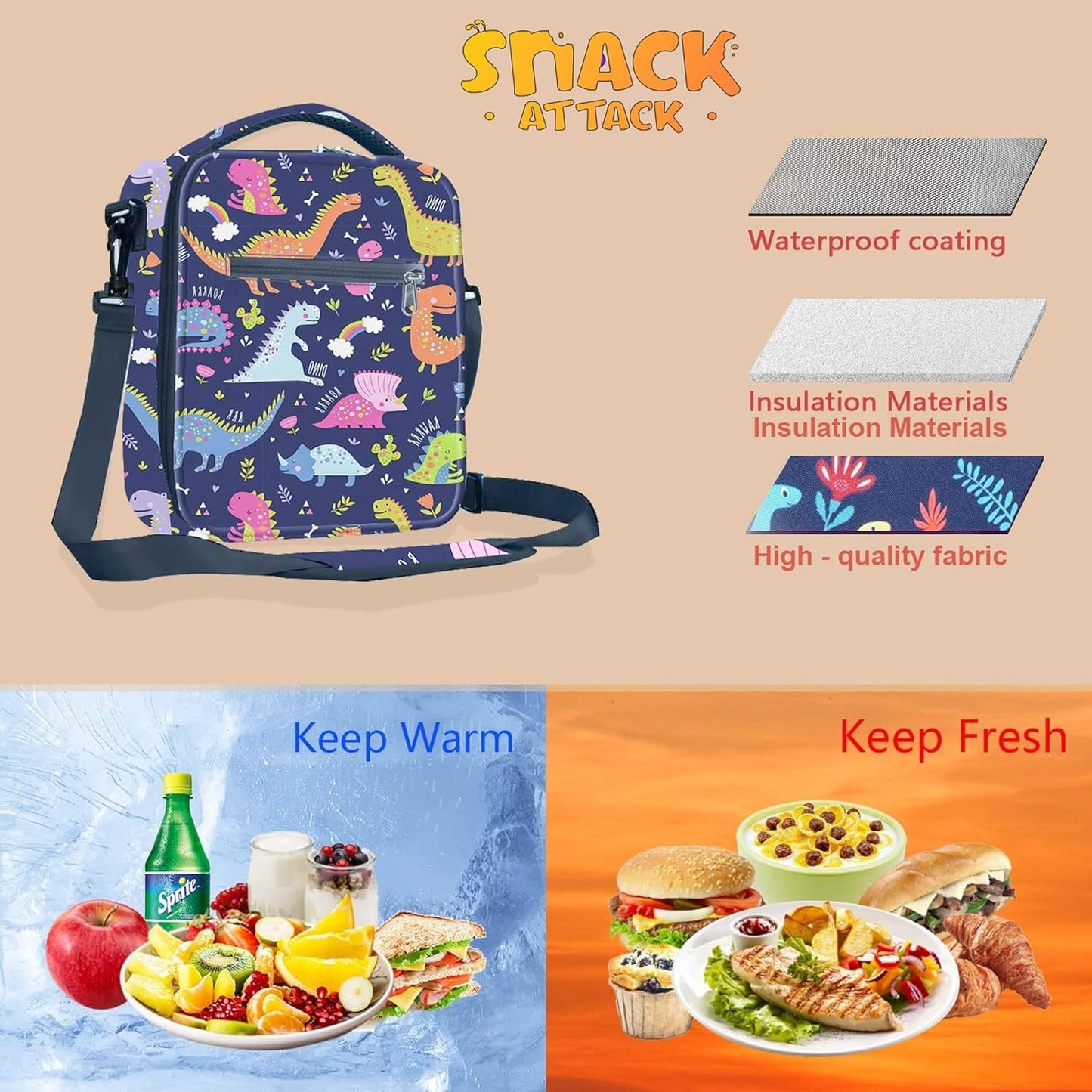 Snack Attack Blue Dinosaur Insulated Kids Lunch Bag