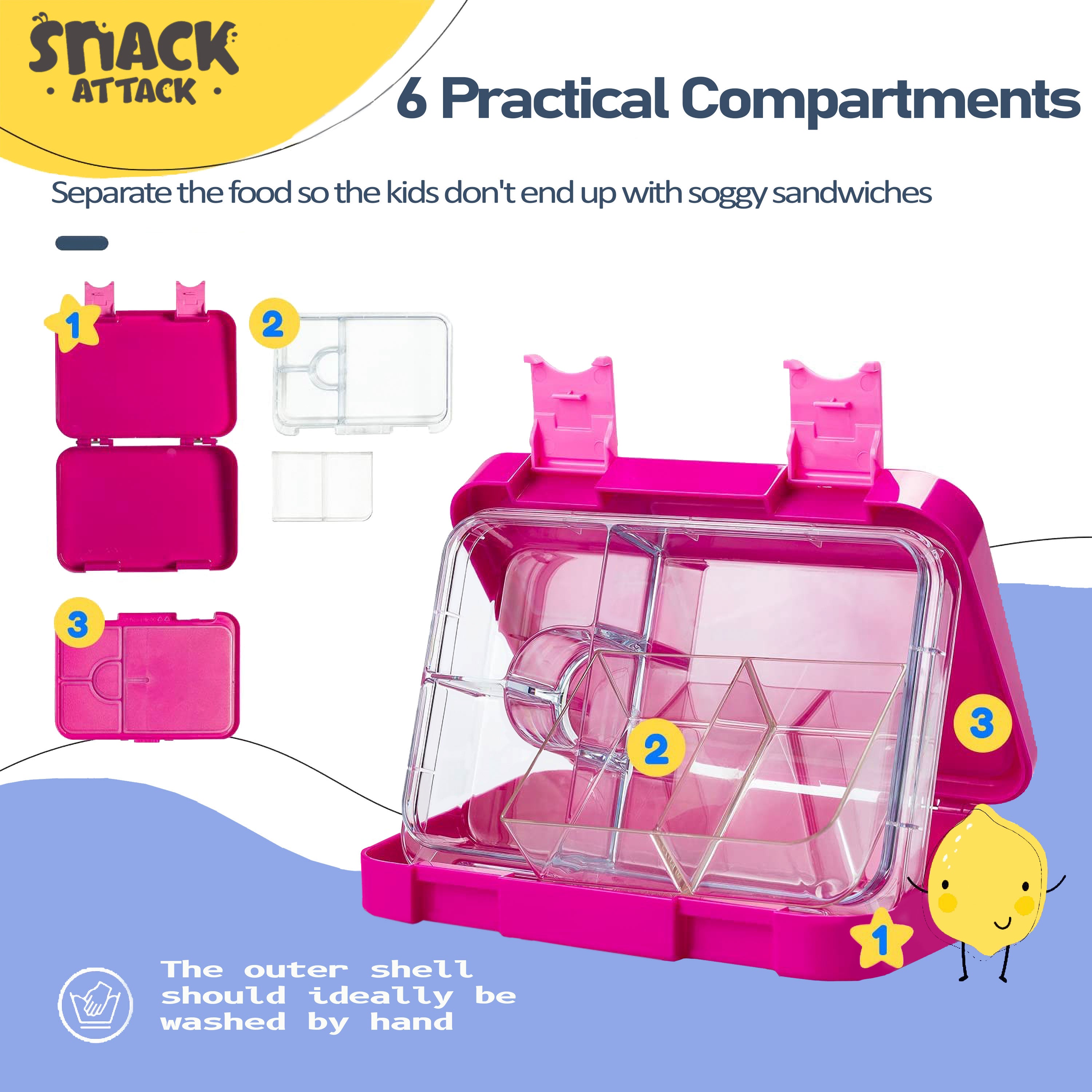 Snack Attack Lunch Box for Kids school 4/6 Convertible Compartments Ba –