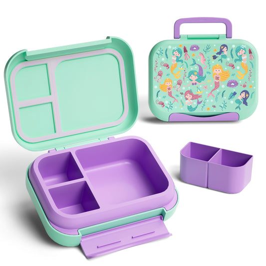 Snack Attack Bento Box, Mermaid Theme, Leakproof, Convertible,3to 10 Years,22.6x17.6x7cm,810ml- Aqua