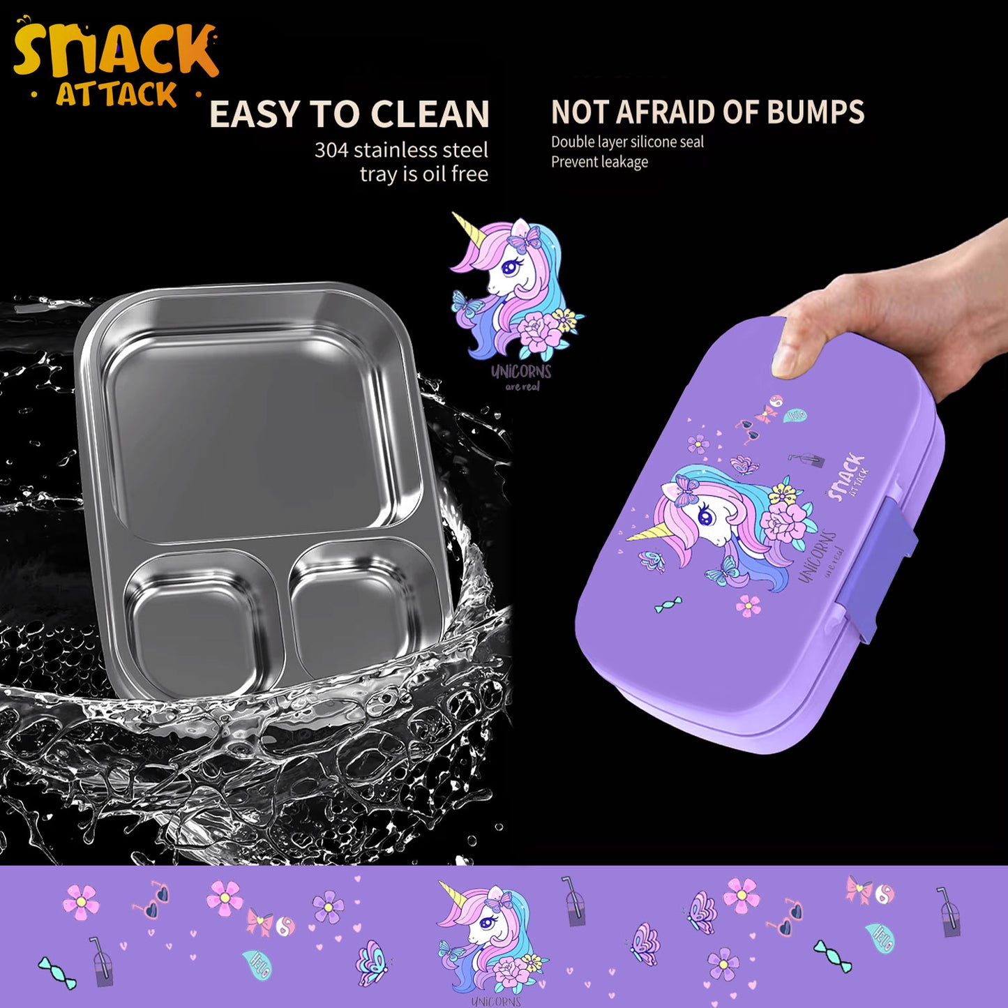 Snack Attack Bento Stainless Steel Lunch Box for Kids –3 Compartments | Unicorn Design Toddler with Spoon & Fork