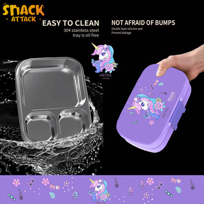 Snack Attack Bento Stainless Steel Lunch Box for Kids –3 Compartments | Unicorn Design Toddler with Spoon & Fork