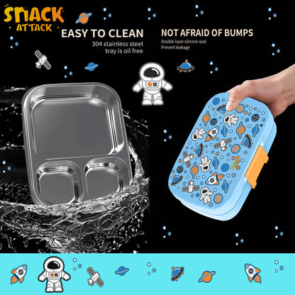 Snack Attack Bento Stainless Steel Lunch Box for Kids –3 Compartments | Space Astro Design Toddler with Spoon & Fork