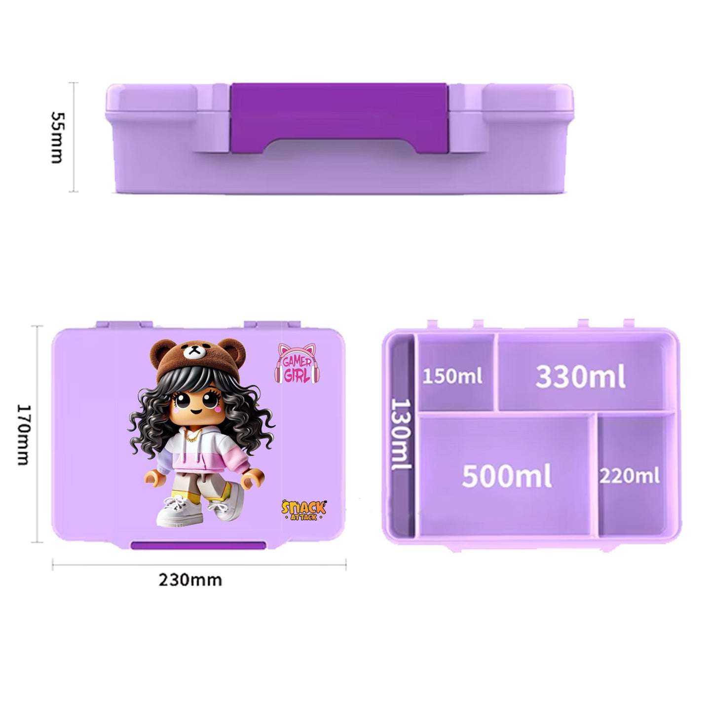 Snack Attack Light Purple Gamer Girl Bento Lunch Box – 5 Compartments