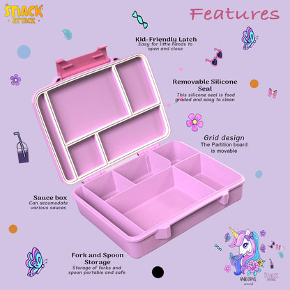 Snack Attack Light Pink Unicorn Bento Lunch Box – 5 Compartments