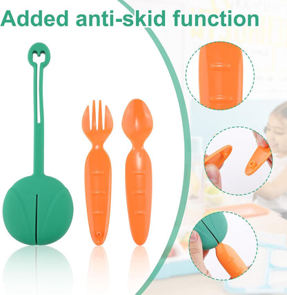 Snack Attack Kids Spoon & Fork Set with Silicone Pouch – BPA-Free, Foldable (Orange & Green)