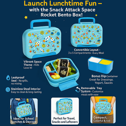 Snack Attack Bento Box, Space Theme, Leakproof, Convertible, 3 to 10 Years, 22.6x17.6x7cm, 810ml - Blue