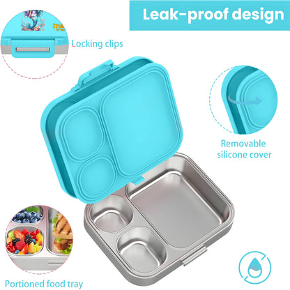 Snack Attack Bento Stainless Steel Lunch Box for Kids –3 Compartments | Mermaid Design Toddler with Spoon & Fork