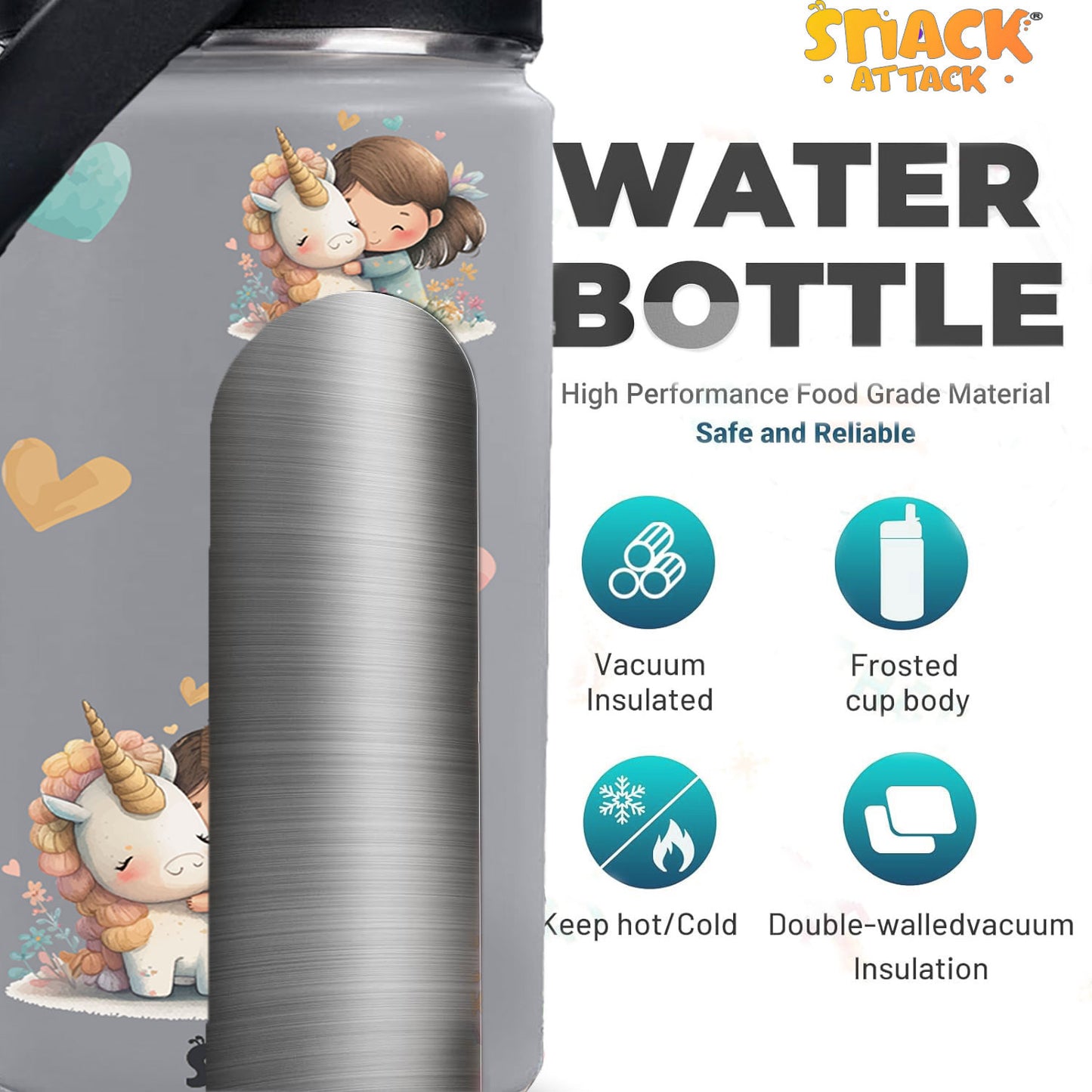 Snack Attack Kids Insulated Water Bottle-12oz Gray Unicorn Hug