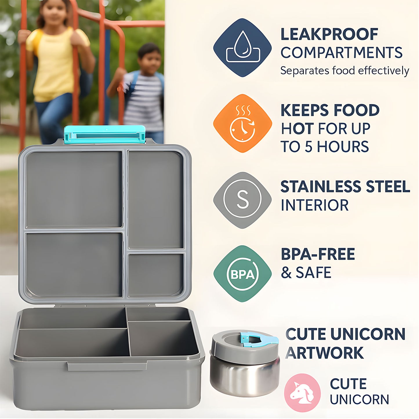SA Bento Lunch Box for Kids school with 9.7oz Soup thermos Jar Gray Unicorn Hug)