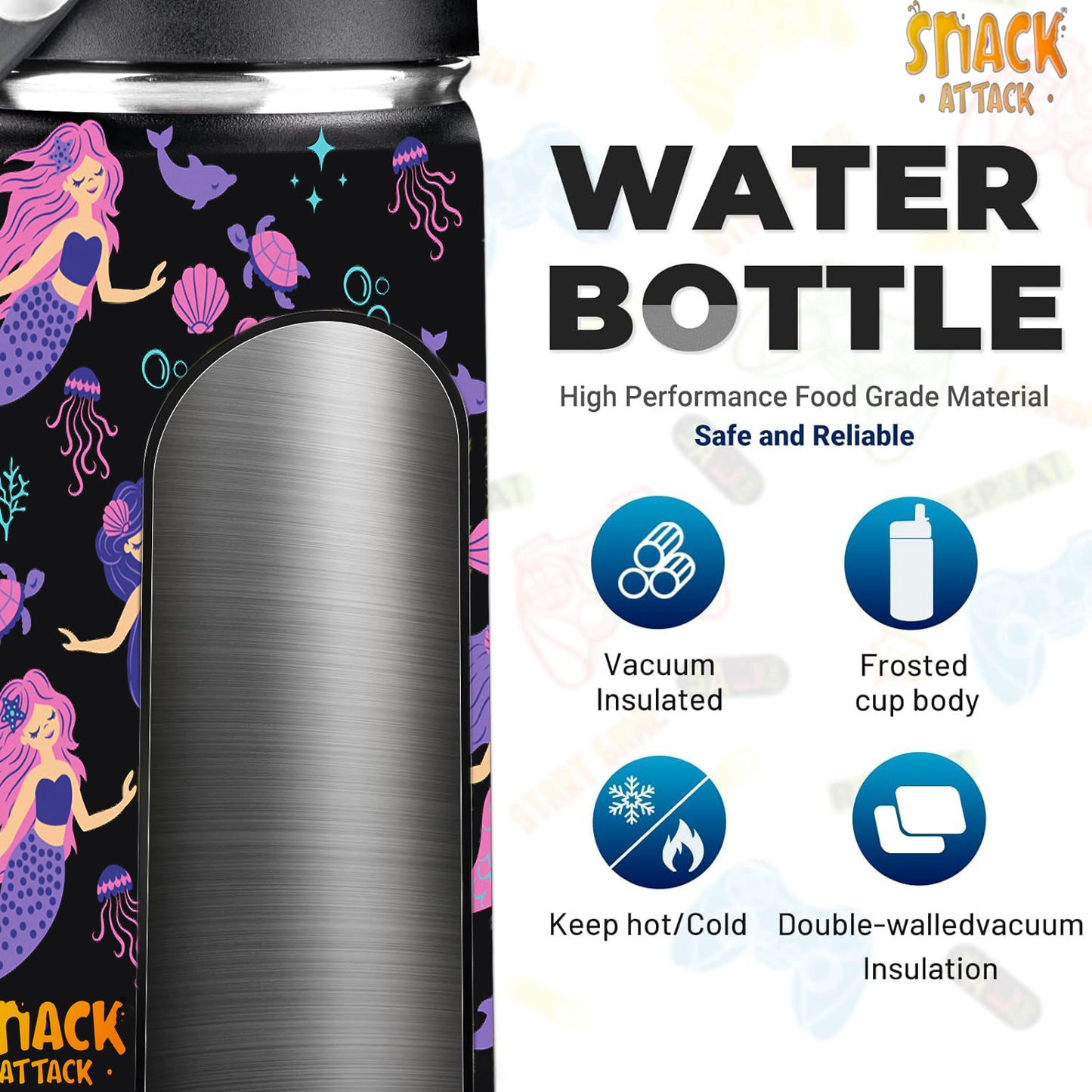 Snack Attack Kids Insulated Water Bottle-12oz Black Mermaid 350ml