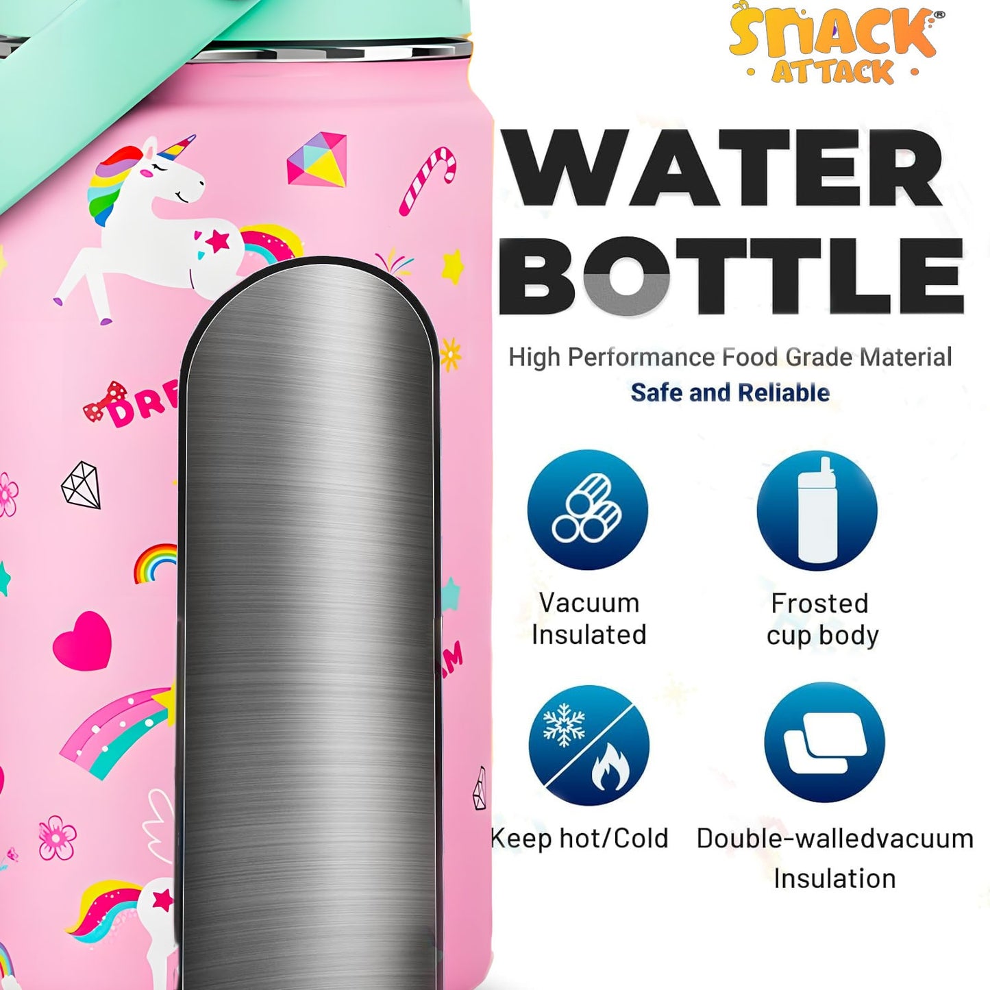 Snack Attack Kids Insulated Water Bottle-12oz (Pink Unicorn) 350ml