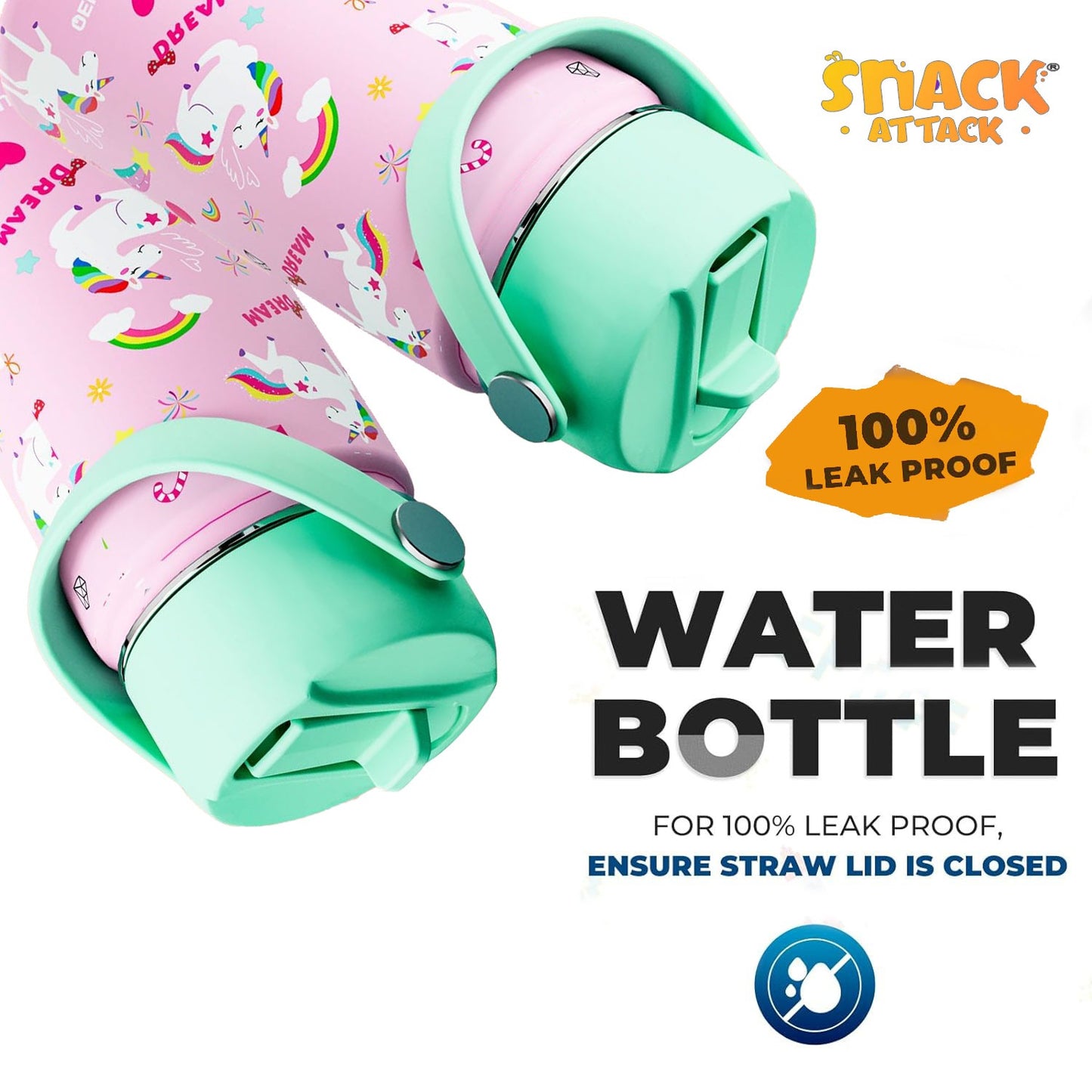 Snack Attack Kids Insulated Water Bottle-12oz (Pink Unicorn) 350ml
