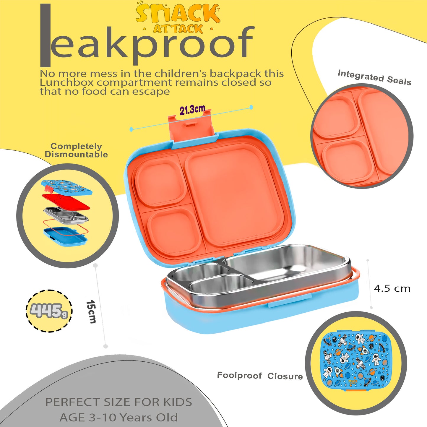 Snack Attack Bento Stainless Steel Lunch Box for Kids –3 Compartments | Space Astro Design Toddler with Spoon & Fork