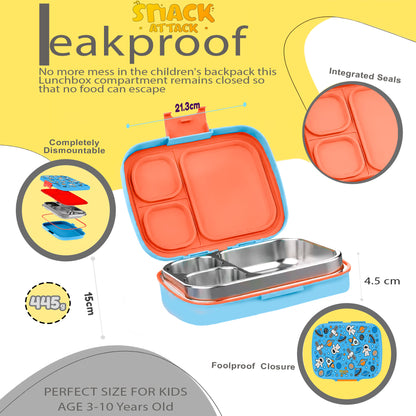 Snack Attack Bento Stainless Steel Lunch Box for Kids –3 Compartments | Space Astro Design Toddler with Spoon & Fork
