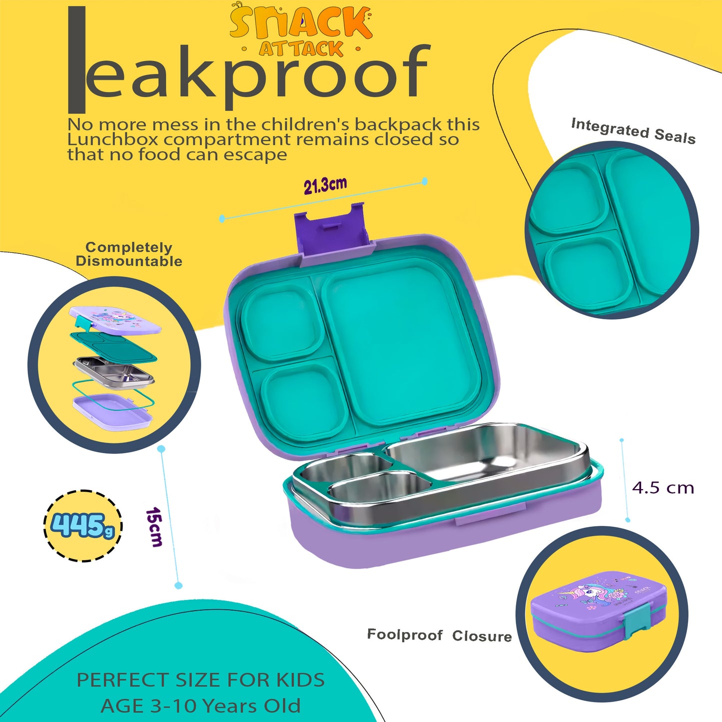 Snack Attack Bento Stainless Steel Lunch Box for Kids –3 Compartments | Unicorn Design Toddler with Spoon & Fork