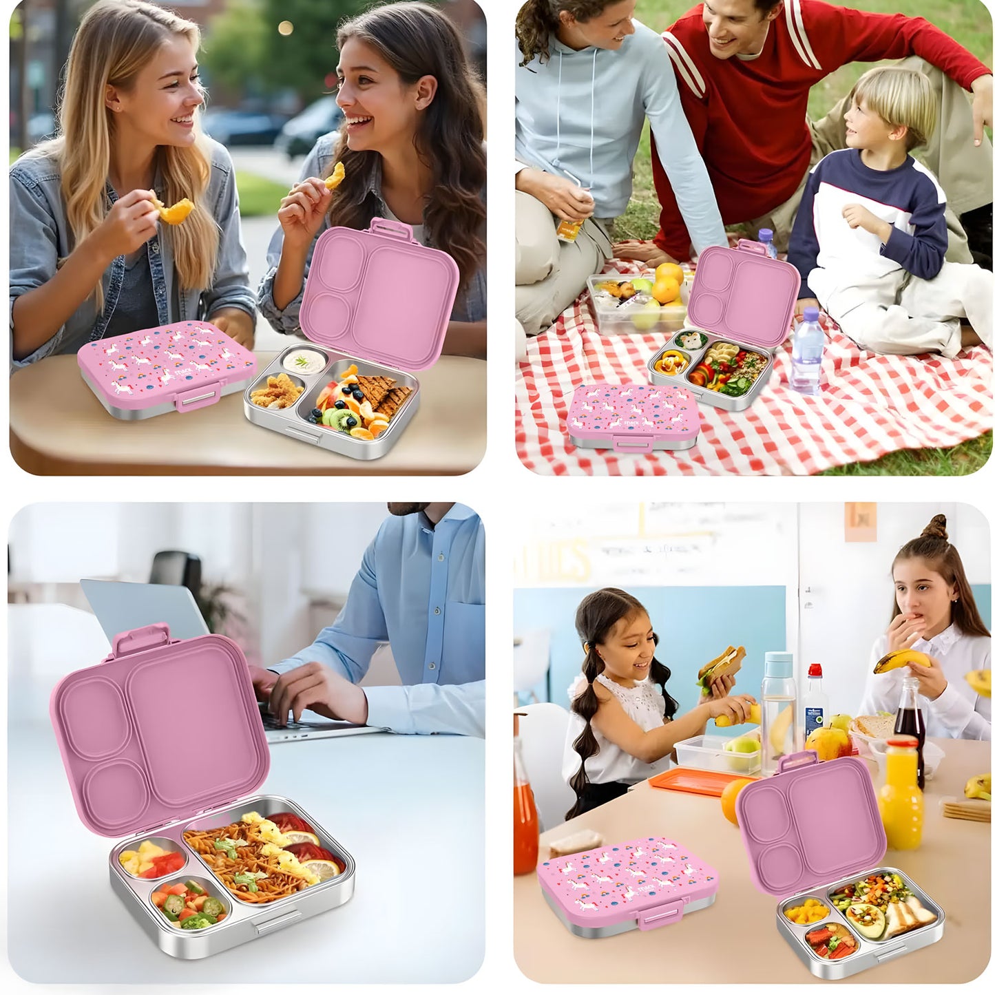 Bento Stainless Steel Lunch Box for Kids –3 Compartments | Unicorn Design Toddler with Dip Sauce Contianer