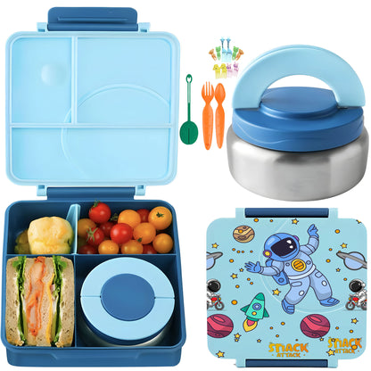 SA Bento Lunch Box for Kids school with 9.7oz Soup thermos Jar Blue Astro)