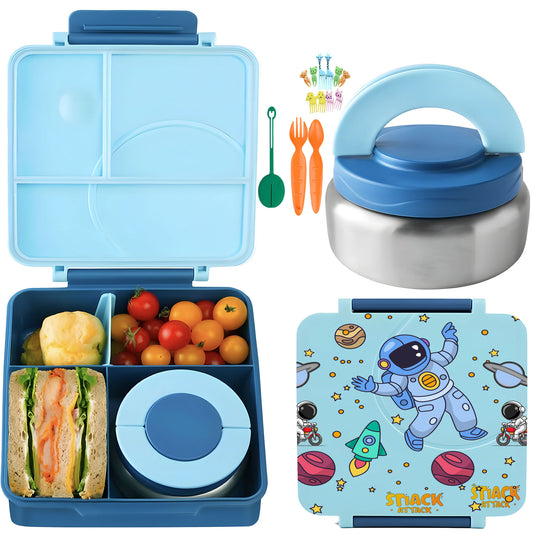 SA Bento Lunch Box for Kids school with 9.7oz Soup thermos Jar Blue Astro)