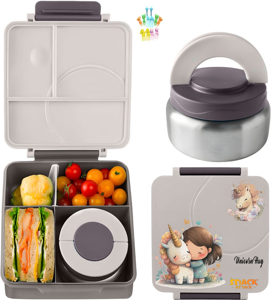 Snack Attack Kids Bento Lunch Box with Thermos – Gray Unicorn