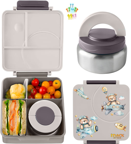 Gray Bear Pilot & Lion Bento Lunch Box with 9.7oz Thermos