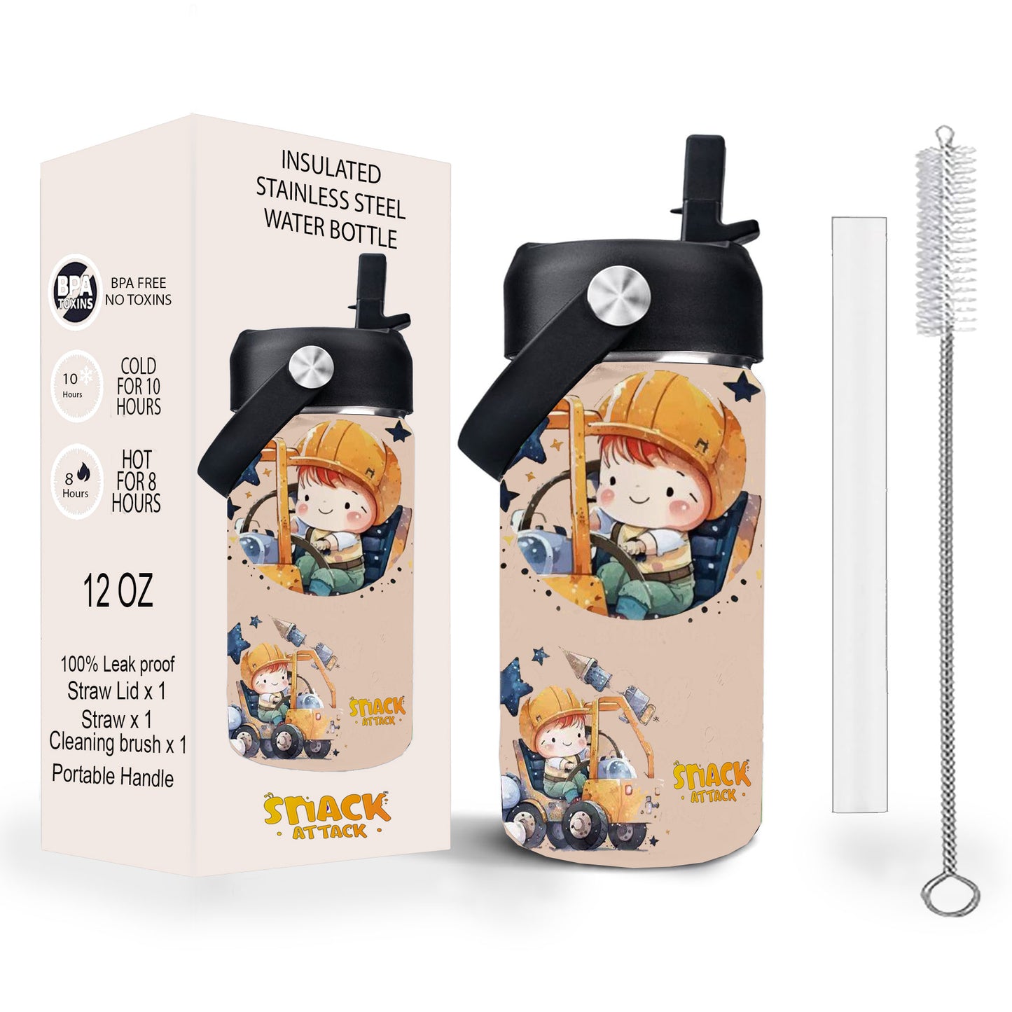 Snack Attack Kids Insulated Water Bottle-12oz Brown Construction 350ml
