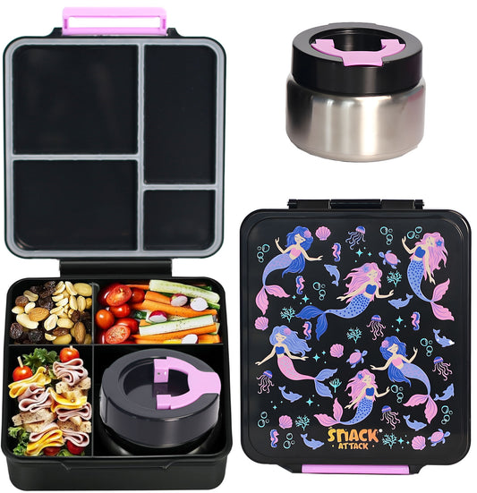 SA Bento Lunch Box for Kids school with 9.7oz Soup thermos Jar Black Mermaid)