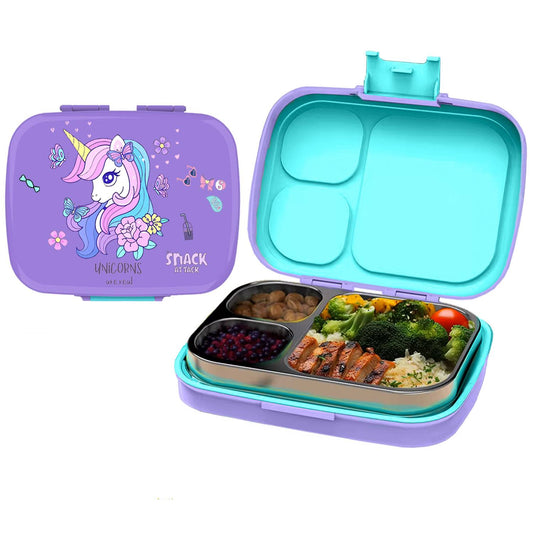 Snack Attack Bento Stainless Steel Lunch Box for Kids –3 Compartments | Unicorn Design Toddler with Spoon & Fork