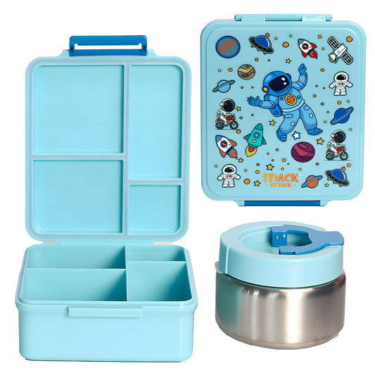 SA Bento Lunch Box for Kids school with 9.7oz Soup thermos Jar Blue Astro)