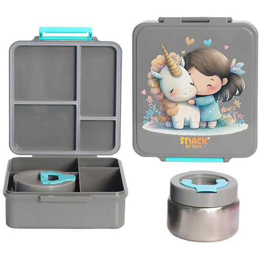 SA Bento Lunch Box for Kids school with 9.7oz Soup thermos Jar Gray Unicorn Hug)