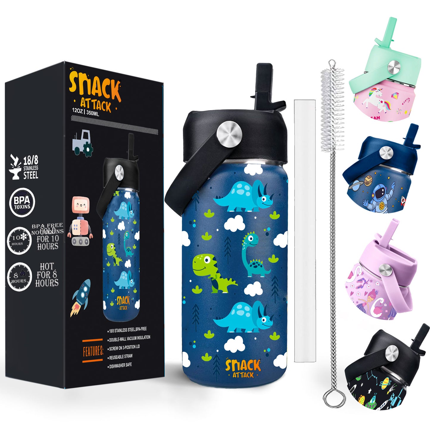 Snack Attack Kids Insulated Water Bottle-12oz Blue DIno 350ml