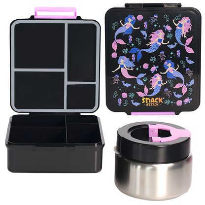 SA Bento Lunch Box for Kids school with 9.7oz Soup thermos Jar Black Mermaid)