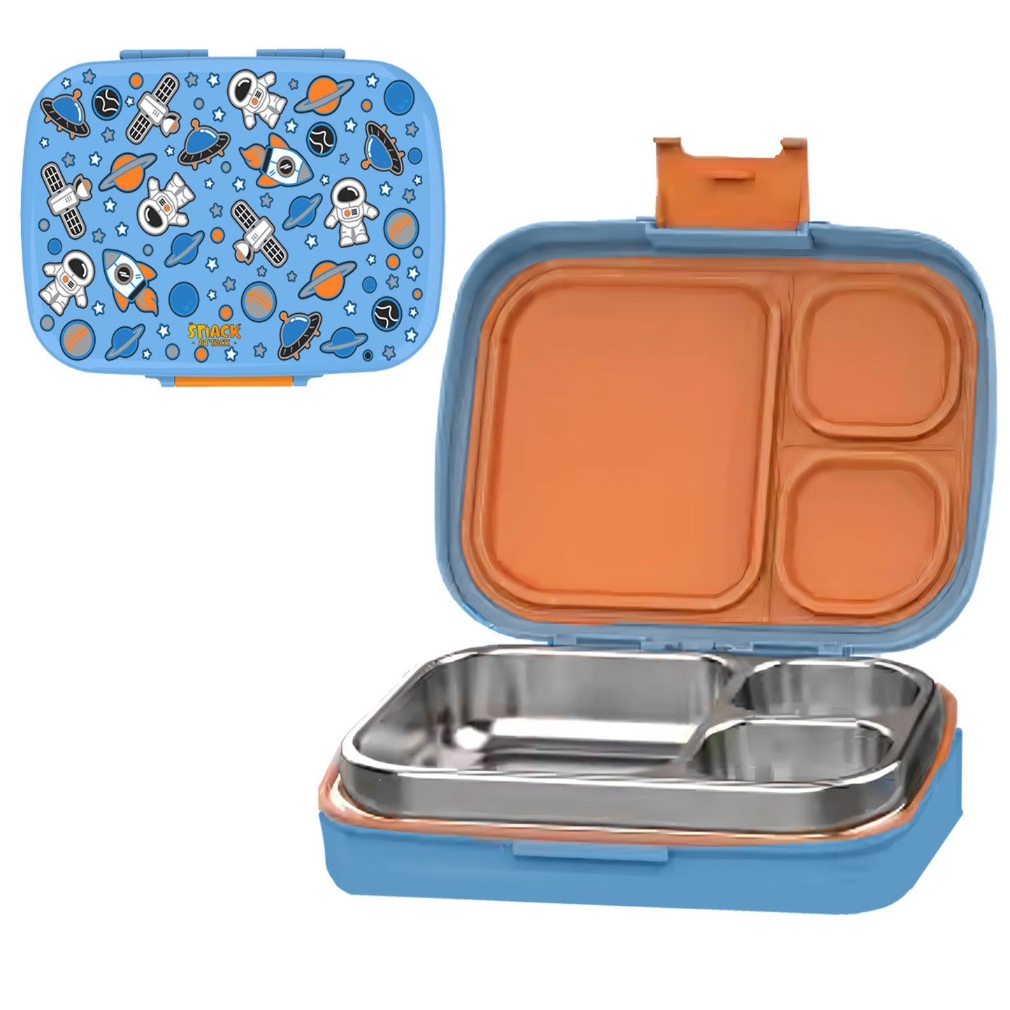 Snack Attack Bento Stainless Steel Lunch Box for Kids –3 Compartments | Space Astro Design Toddler with Spoon & Fork