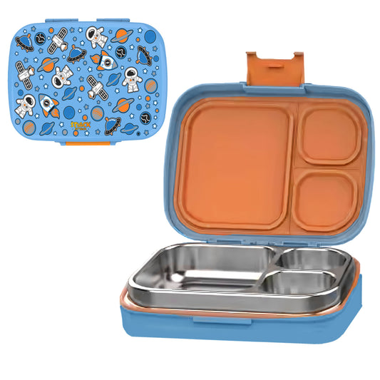 Snack Attack Bento Stainless Steel Lunch Box for Kids –3 Compartments | Space Astro Design Toddler with Spoon & Fork